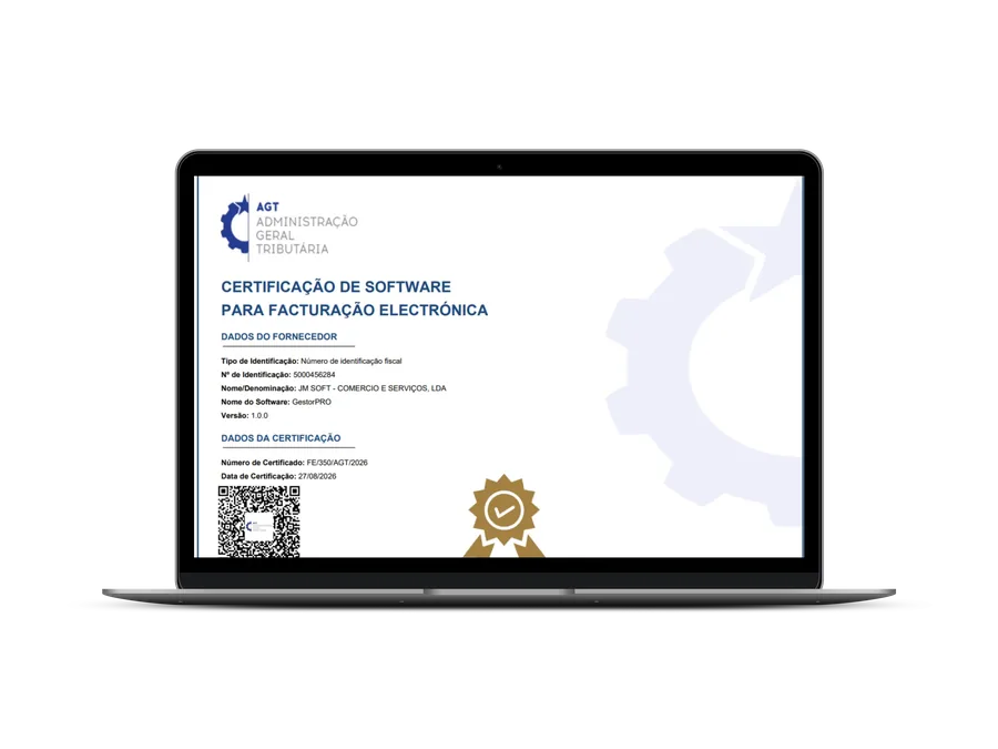 Certificado de Software para Facturação Electrónica emitido pela Administração Geral Tributária ao GestorPRO 1.0.0, da JM SOFT — Comércio e Serviços, Lda, NIF 5000456284. Certificado n.º FE/350/AGT/2026, de 27 de Agosto de 2026.